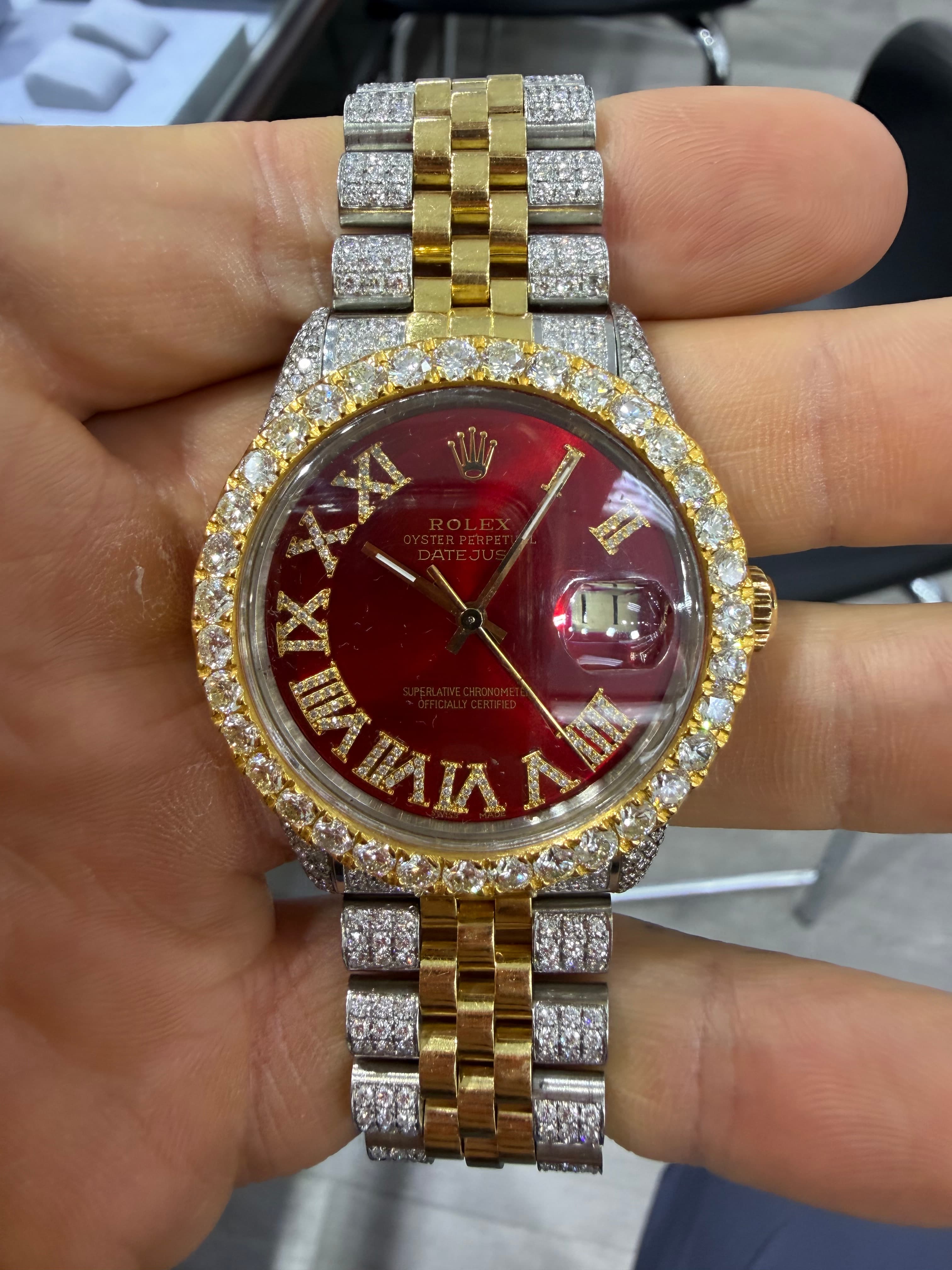 Rolex Date Just Red Dial Diamonds